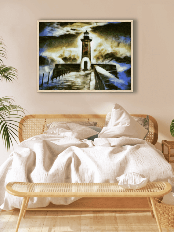 Darkness-around-Lighthouse-Wooden-Framed-Painting